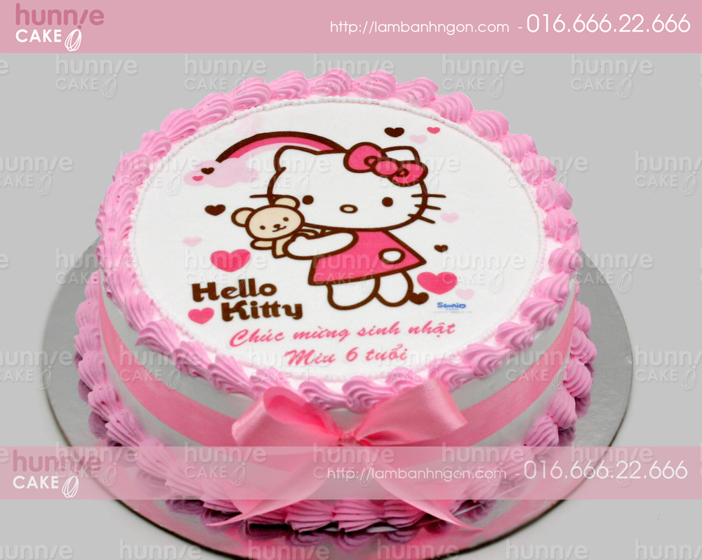 Bánh gato sinh nhật in hình Hello Kitty xinh xắn đang ôm gấu bông trang trí kem tông hồng cho bé gái 3648 - Bánh ngon đẹp