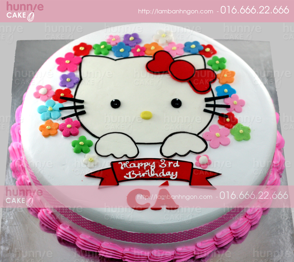 Bánh gato sinh nhật vẽ hình Hello Kitty đáng yêu bên cạnh những bông hoa đủ mầu sắc 3580 - Bánh ngon đẹp