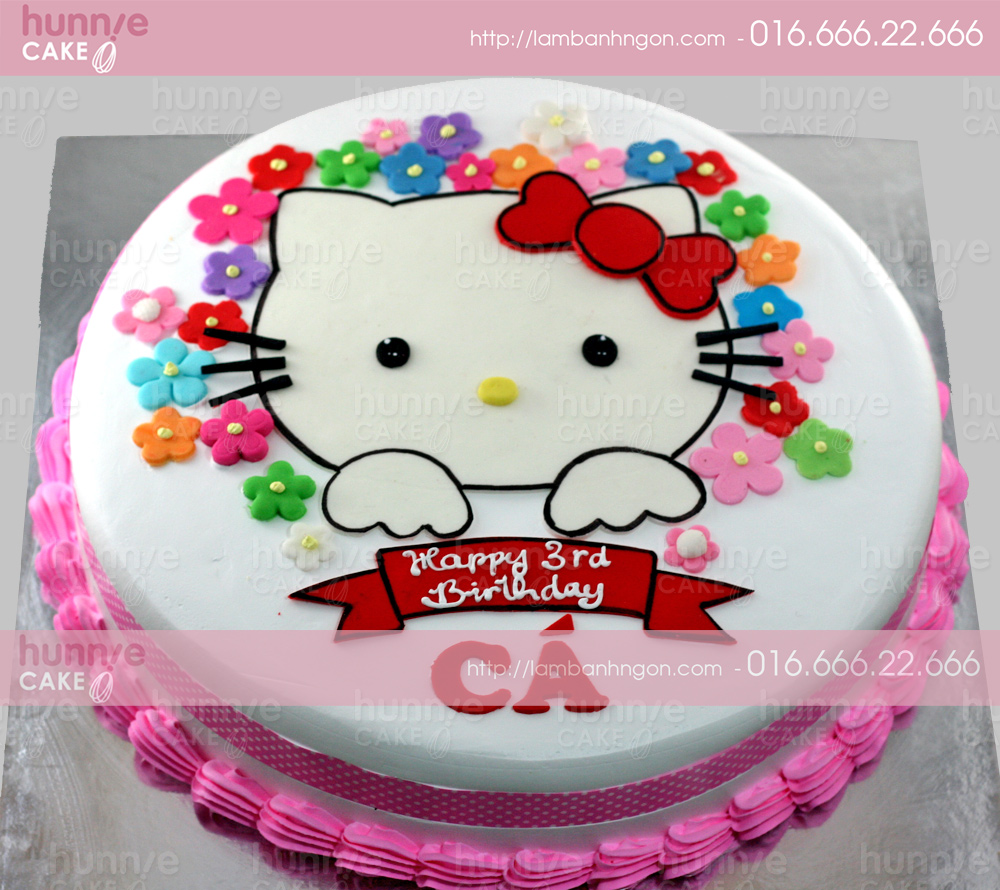 B&aacute;nh gato sinh nhật vẽ h&igrave;nh Hello Kitty đ&aacute;ng y&ecirc;u b&ecirc;n cạnh những b&ocirc;ng hoa đủ mầu sắc 3580 - B&aacute;nh ngon đẹp